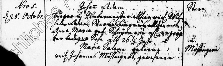 Heirat von Johann Adam Stern und Maria Salome Mößinger